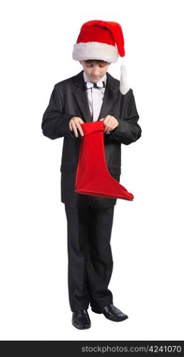 Boy with red hat and red sock, isolated on a white background.