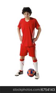Boy with soccer ball, Footballer on the white background. (isolated)