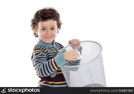 Boy with wastebasket over a white background