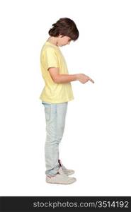 Boy with yellow shirt giving an order isolated on white background