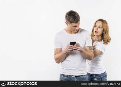 boyfriend looking her girlfriend secretly looking cellphone