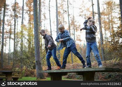 Boys standing on bench in forest dancing