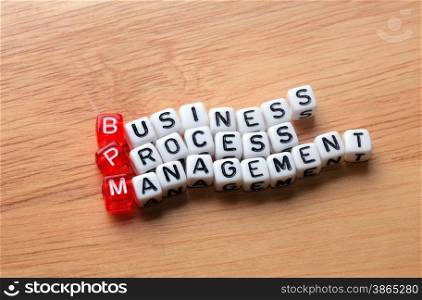 bpm business process management on dices on wooden background