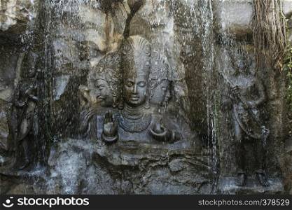 Brahma, Vishnu and Mahesh, Hadshi Temple, Sant Darshan Museum, near tikona Vadgoan Maval, District Pune, Maharashtra, India.. Brahma, Vishnu and Mahesh, Hadshi Temple, Sant Darshan Museum, near tikona Vadgoan Maval, District Pune, Maharashtra, India