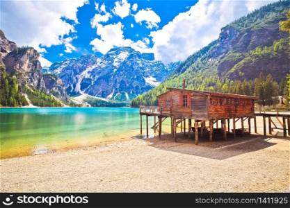 Braies lake in Dolomite Apls idyllic landscape view, South Tyrol region of Italy