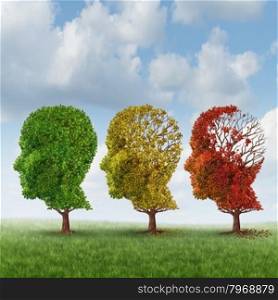 Brain aging and memory loss due to Dementia and Alzheimer&rsquo;s disease with the medical icon of a group of color changing autumn fall trees in the shape of a human head losing leaves as a loss of thoughts and intelligence function.