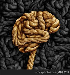 Brain disorder mental health concept as a rope twisted into a human thinking organ as a medical neurological symbol for mind function or diseases as dementia or autism.