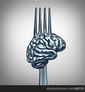 Brain food symbol as a metal fork shaped as a human thinking organ to boost brainpower with nutrition concept for mind health or making wise intelligent eating choices icon as a 3D illustration.