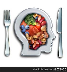 Brain food to boost brainpower nutrition concept as a group of nutritious nuts fish vegetables and berries rich in omega-3 fatty acids with vitamins and minerals for mind health with 3D illustration elements.