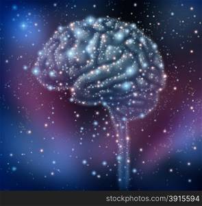 Brain intelligence discovery with a human brain shape made of stars and planets in a space beckground as a neurological health concept for research and solutions.