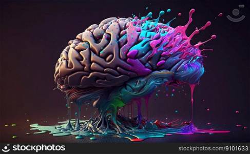 Brain made of tangled interwined colorful paint splashes. Intelligence or creativity concept. Generative AI.. Brain made of tangled interwined colorful paint splashes. Intelligence or creativity concept. Generative AI