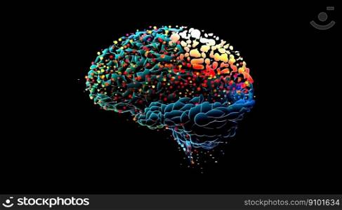 Brain made of tangled interwined colorful paint splashes. Intelligence or creativity concept. Generative AI.. Brain made of tangled interwined colorful paint splashes. Intelligence or creativity concept. Generative AI