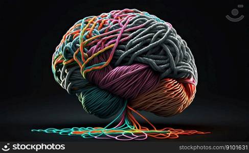 Brain made of tangled interwined colorful threads. Intelligence or creativity concept. Generative AI.. Brain made of tangled interwined colorful threads. Intelligence or creativity concept. Generative AI