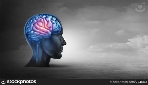 Brain memory and psychology concept as a neurology symbol for alzheimer disease and parkinson's or psychological and psychiatric depression or migraine headache icon with 3D illustration elements.
