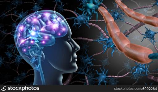 Brain nerve cells and nervous system anatomy concept as a human neurology and neuron function disorder symbol for multiple sclerosis or alzheimer disease with 3D illustration elements..