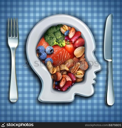 Brain nutrition and brainpower food diet as fish and nuts with broccoli and beans in a dish shaped as a human head as a healthy mind diet symbol with 3D illustration elements.