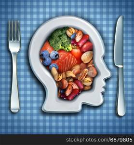 Brain nutrition and brainpower food diet as fish and nuts with broccoli and beans in a dish shaped as a human head as a healthy mind diet symbol with 3D illustration elements.