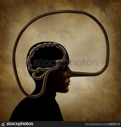 Brain of a liar and academic dishonesty or false perception psychological concept as a person with a long lies symbol nose in a 3D illustration style.
