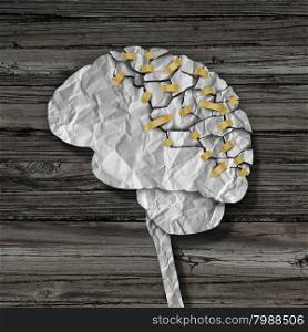 Brain rehabilitation and mental health therapy concept as a crumpled broken paper shaped as the human thinking organ repaired together with tape as a neurology medical treatment symbol.
