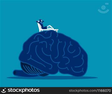 Brain relax. Woman relax on top of large brain. Concep business vector illustration.