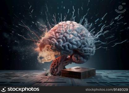 Brain with colorful powder explosion on a dark background. Mental health, creativity, innovation, and ideas concept by generative AI