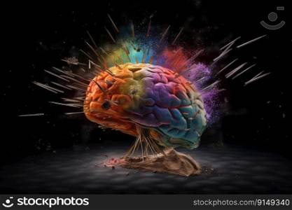 Brain with colorful powder explosion on a dark background. Mental health, creativity, innovation, and ideas concept by generative AI