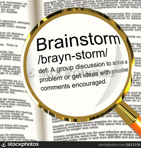Brainstorm Definition Magnifier Showing Research Thoughts And Discussion. Brainstorm Definition Magnifier Shows Research Thoughts And Discussion