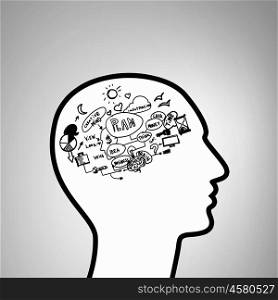 Brainstorm in head. Silhouette of human head with plan sketch instead of brain