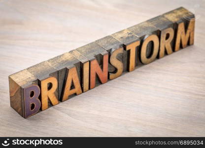 brainstorm word abstract in vintage letterpress wood type blocks against grained wood