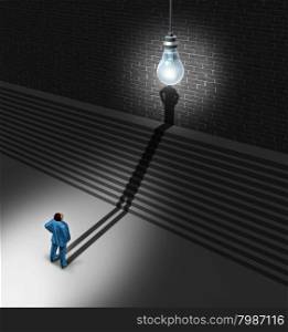 Brainstorming businessman concept as a man standing in front of upward stairs with his shadow going up the sairway to merge with an illuminated lightbulb over the head as a creative success metaphor for innovation achievement.