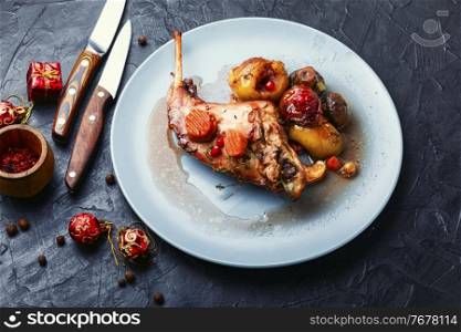 Braised rabbit meat with fruits.Baked meat for the Christmas table. Christmas dish.. Roasted rabbit on a plate