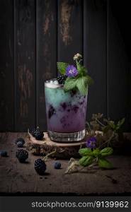 Bramble cocktail with violet flower mint and lavender. Illustration Generative AI 