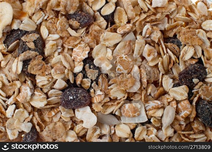 Bran and raisin cereals background, food texture.