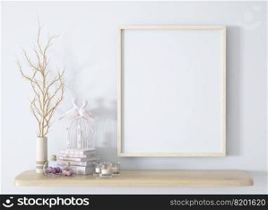 Branch in white vase on the wooden shelf with frame and decor background 3d rendering
