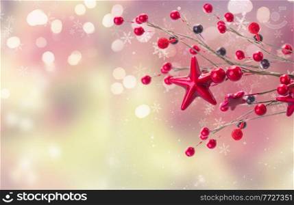 branch of christmas red star and berries on festive bokeh background with snowflakes banner. branch of christmas stars and berries