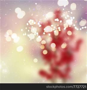 branch of christmas stars and berries on golden bokeh background. branch of christmas stars and berries