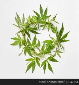 Branch of fresh natural green marijuana leaves in the shape of round wreath on a light grey background with copy space. Concept use of cannabis for medical puposes.. Wreath from green cannabis leaves.