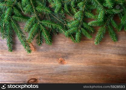 branch of green fir tree on wooden board background