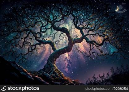 branch of mystical tree with starry night sky in the background, created with generative ai. branch of mystical tree with starry night sky in the background