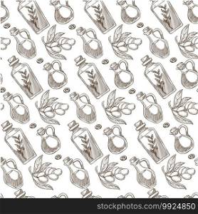 Branch of olives with foliage and berries seamless pattern, oil in bottle. Skin and hair care, plant used in cosmetics or cooking dishes. Natural component. Monochrome sketch outline, vector in flat. Olive oil in bottle, branch with berries seamless pattern