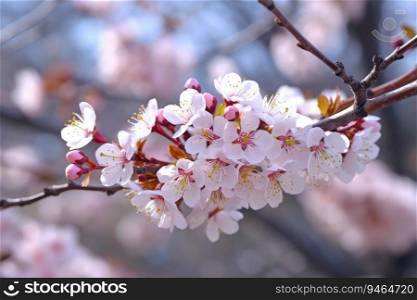 Branch of Prunus serrulata or Japanese cherry. Generative AI