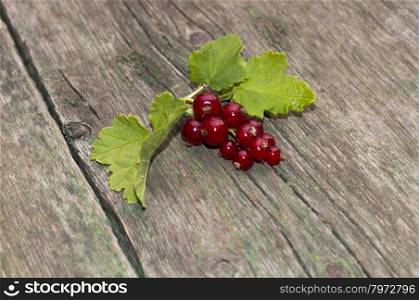 branch of red currant with leaves, on an old shabby table, a berry subject