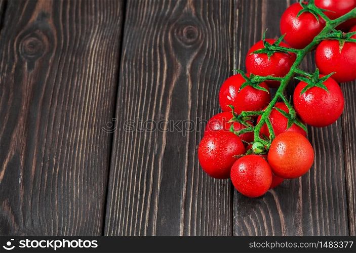 Branch of ripe, fresh cherry tomatoes on a dark wooden background. Tomatoes in droplets of water. Copy space for text, close up