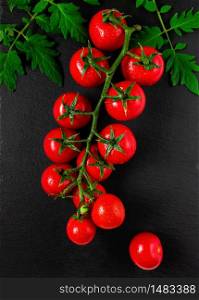 Branch of ripe red cherry tomatoes on a branch with leaves. Flat lay, black stone background, drops of water on tomatoes.