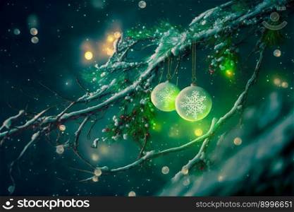 Branches covered by snow. New Year tree with decorations.  Image created with Generative AI technology