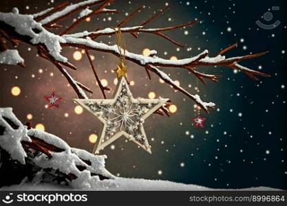 Branches covered by snow. New Year tree with decorations.  Image created with Generative AI technology