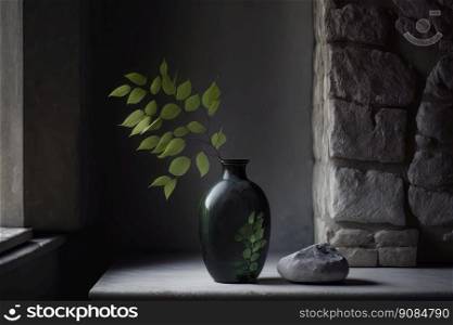 Branches green wood is placed in a black glass vase. Illustration Generative AI 