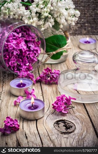 branches of lilac. branches of blossoming lilac on wooden background.Selective focus