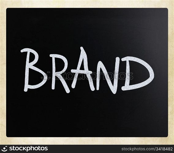 ""Brand" handwritten with white chalk on a blackboard"