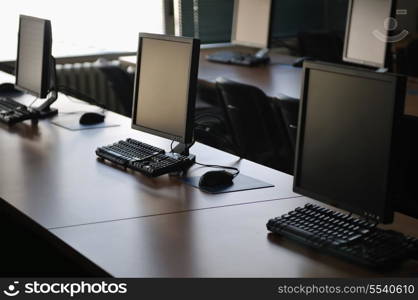 brand new computer with tft monitor in modern classroom at school